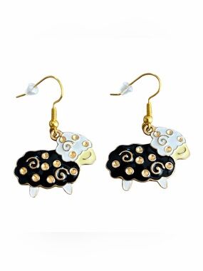 5/$25 Whimsical Sheep Dangle Earrings – Black & Gold Enamel